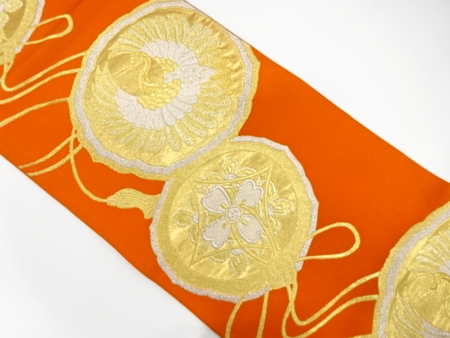 アンティーク　鏡裏に鳳凰・花模様織り出し袋帯（着用可）